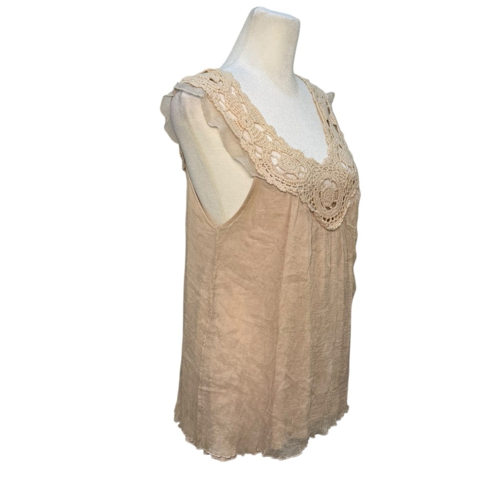 Vintage Y2K Boho Crochet Lace Babydoll Tank Top Women M Silk Beige Festival - Picture 8 of 13